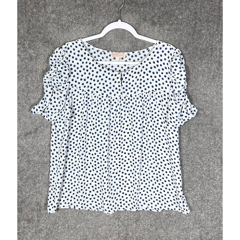 Blousology Short Pleated Sleeve Polka Dot Keyhole Top Womens Size XL‎ Blue White